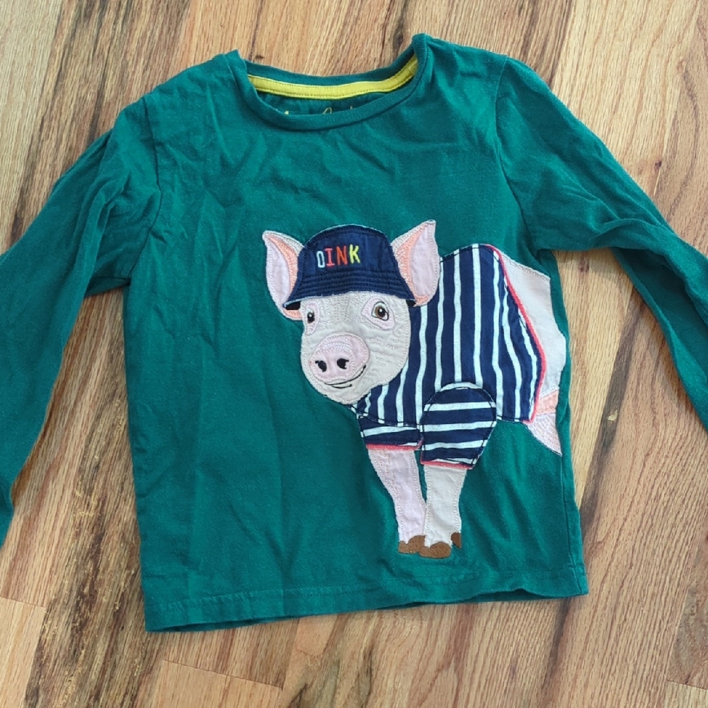 Mini Boden Teal Green Long-Sleeve Top with Pig Appliqué